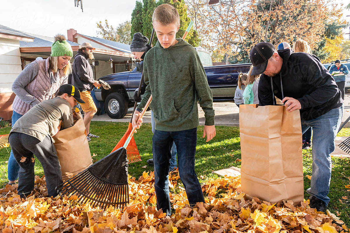 Community volunteers bagging autumn leaves