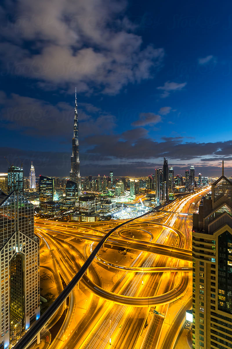 Sheikh Zayed Road and city skyline, Dubai, UAE