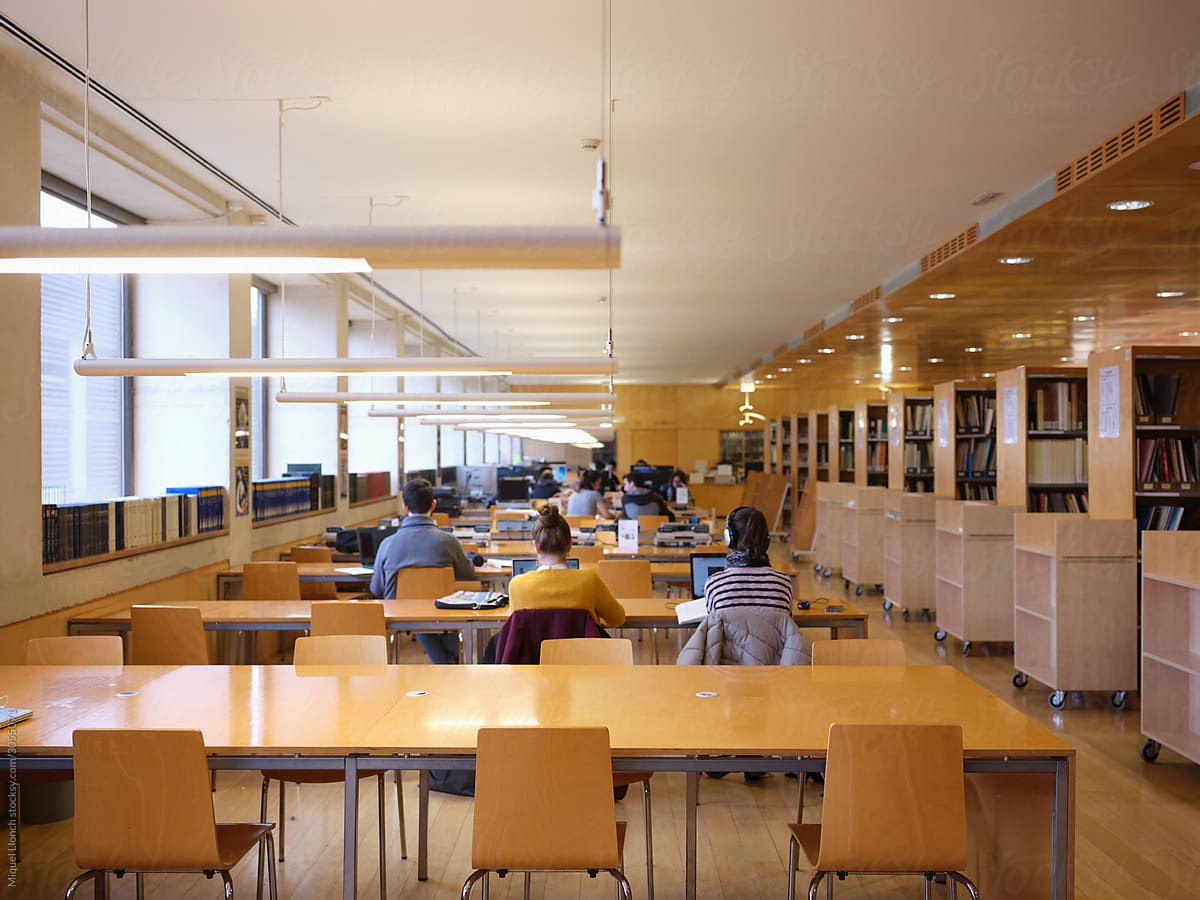 General view of a university library with anonymous students at work