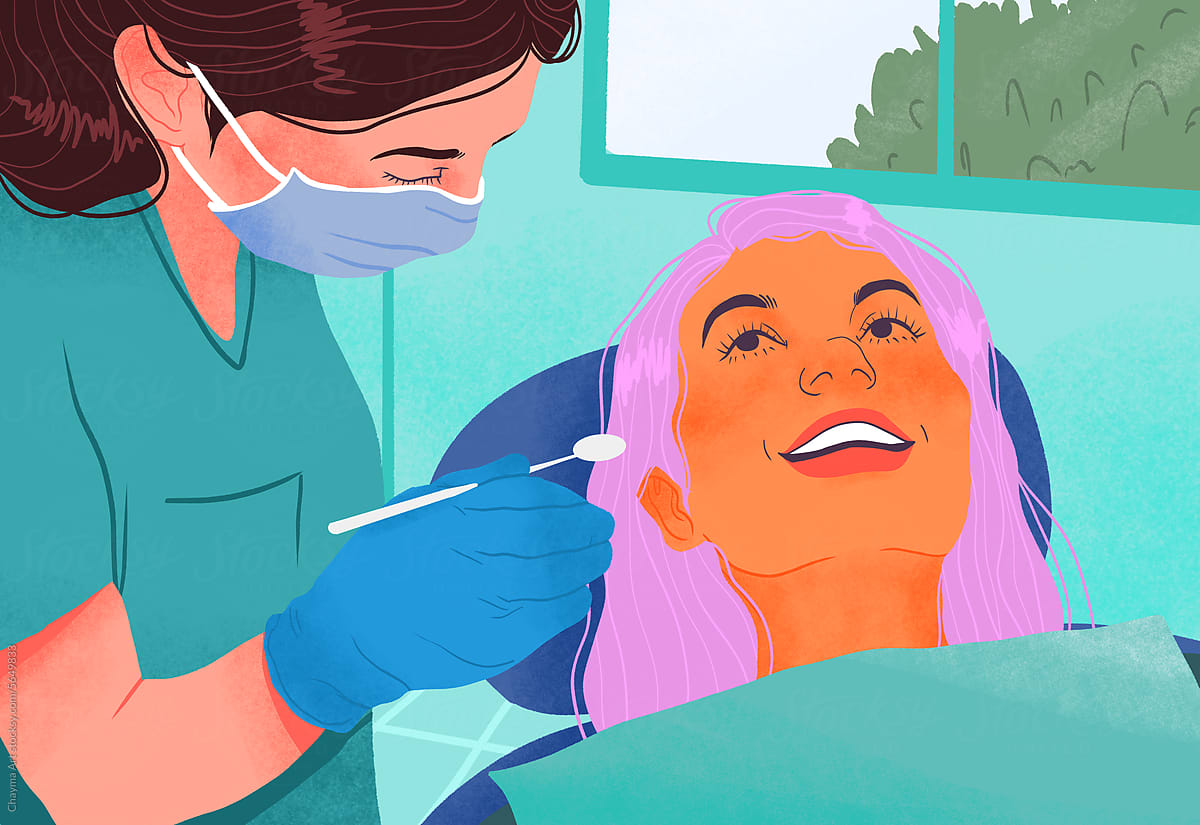 Young woman getting her teeth examined by dentist Illustration