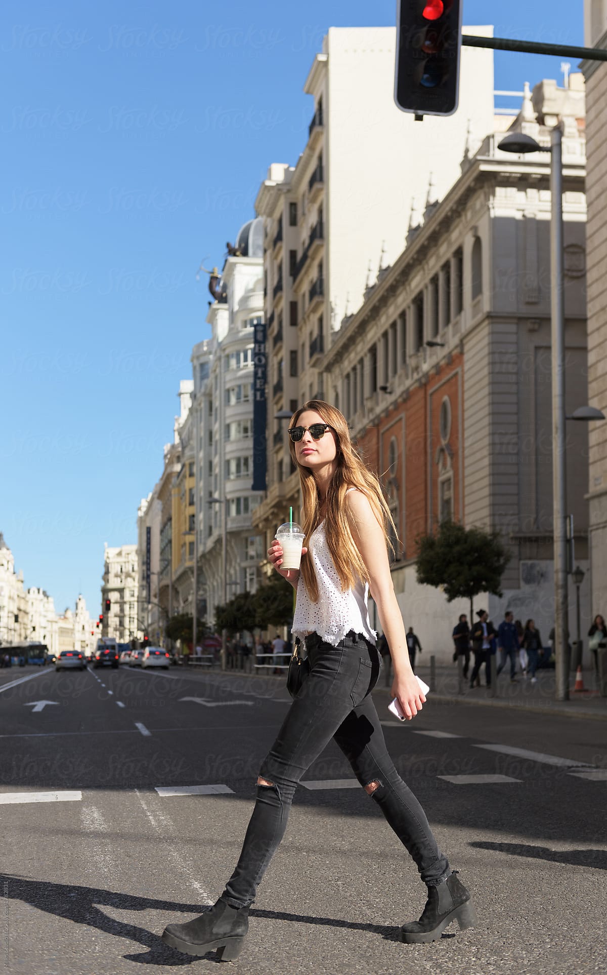 Stylish girl walking on street by Milles Studio - Crossing, Crosswalk