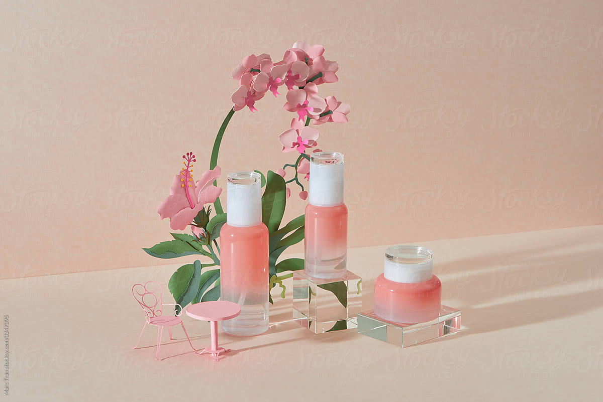Miniature. Skincare products fresh as flowers