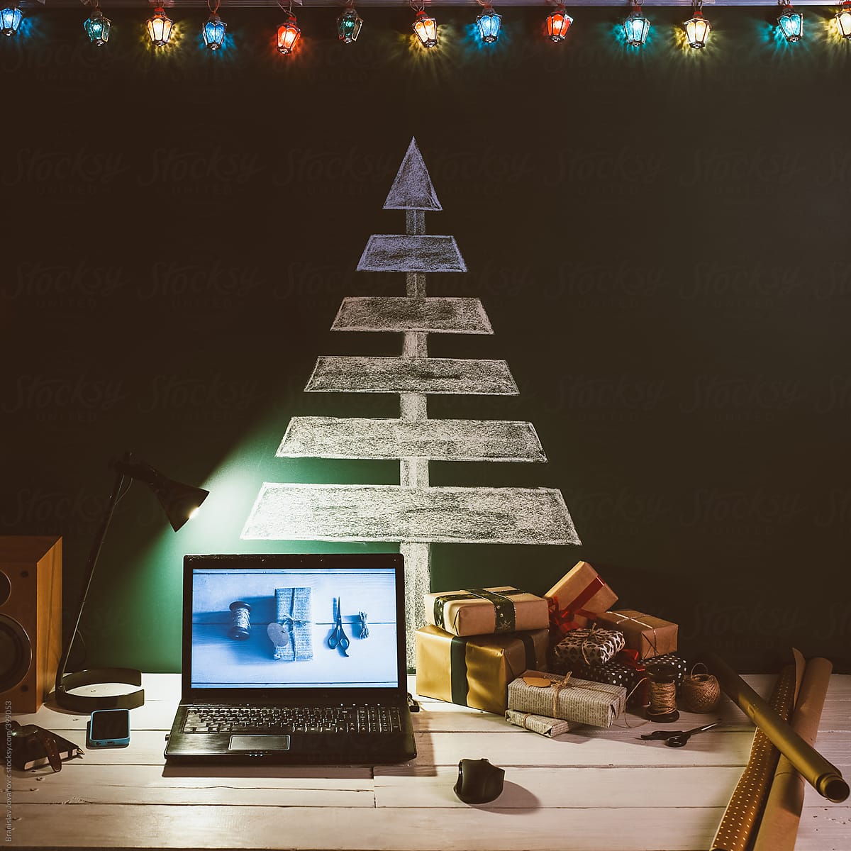 Home Office Desk With Laptop And Christmas Decoration