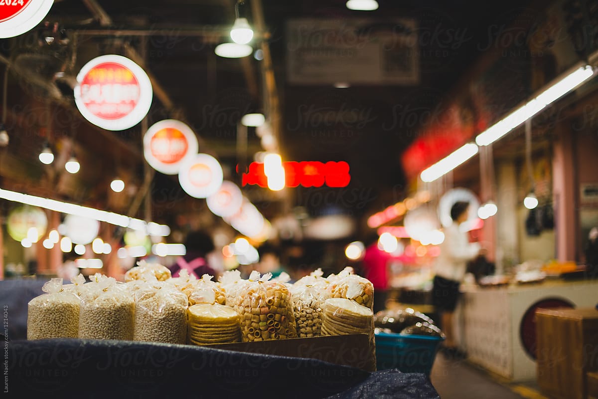 Snacks for sale in night market in South Korea
