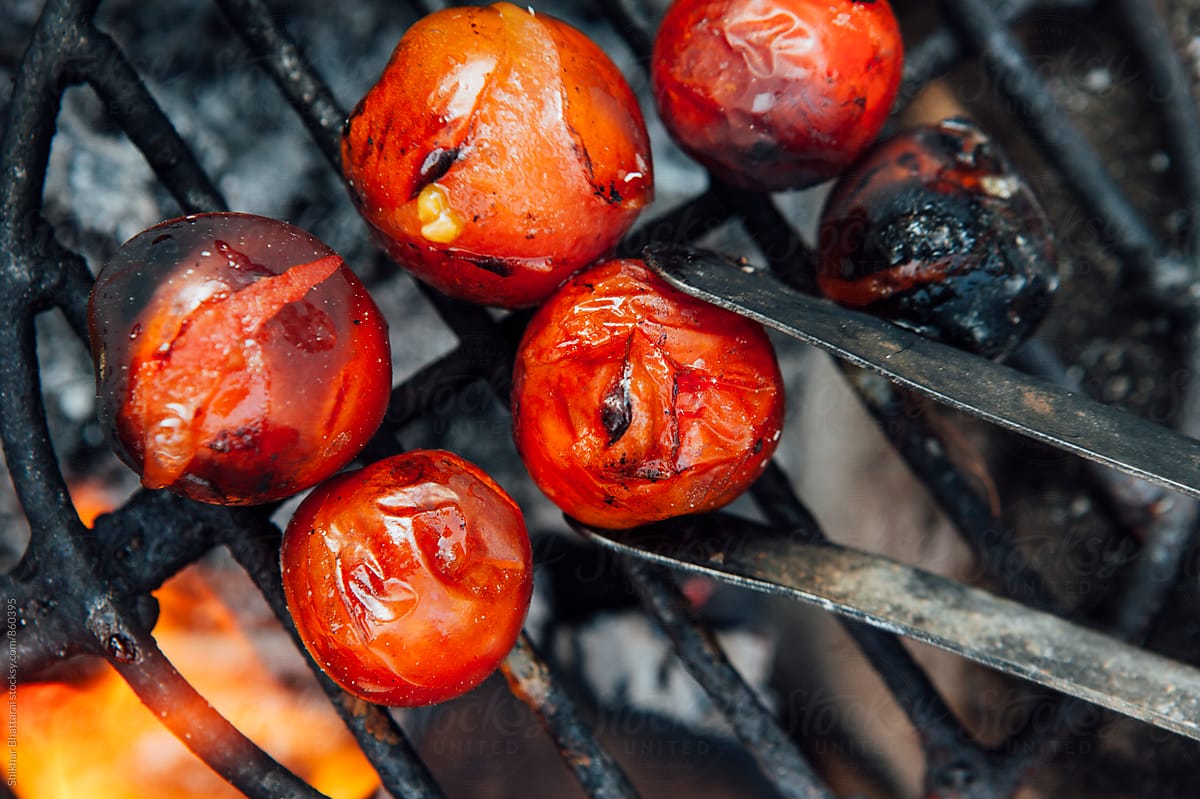 Small ripe tomatoes being cooked over a wooden fire on a grill.
