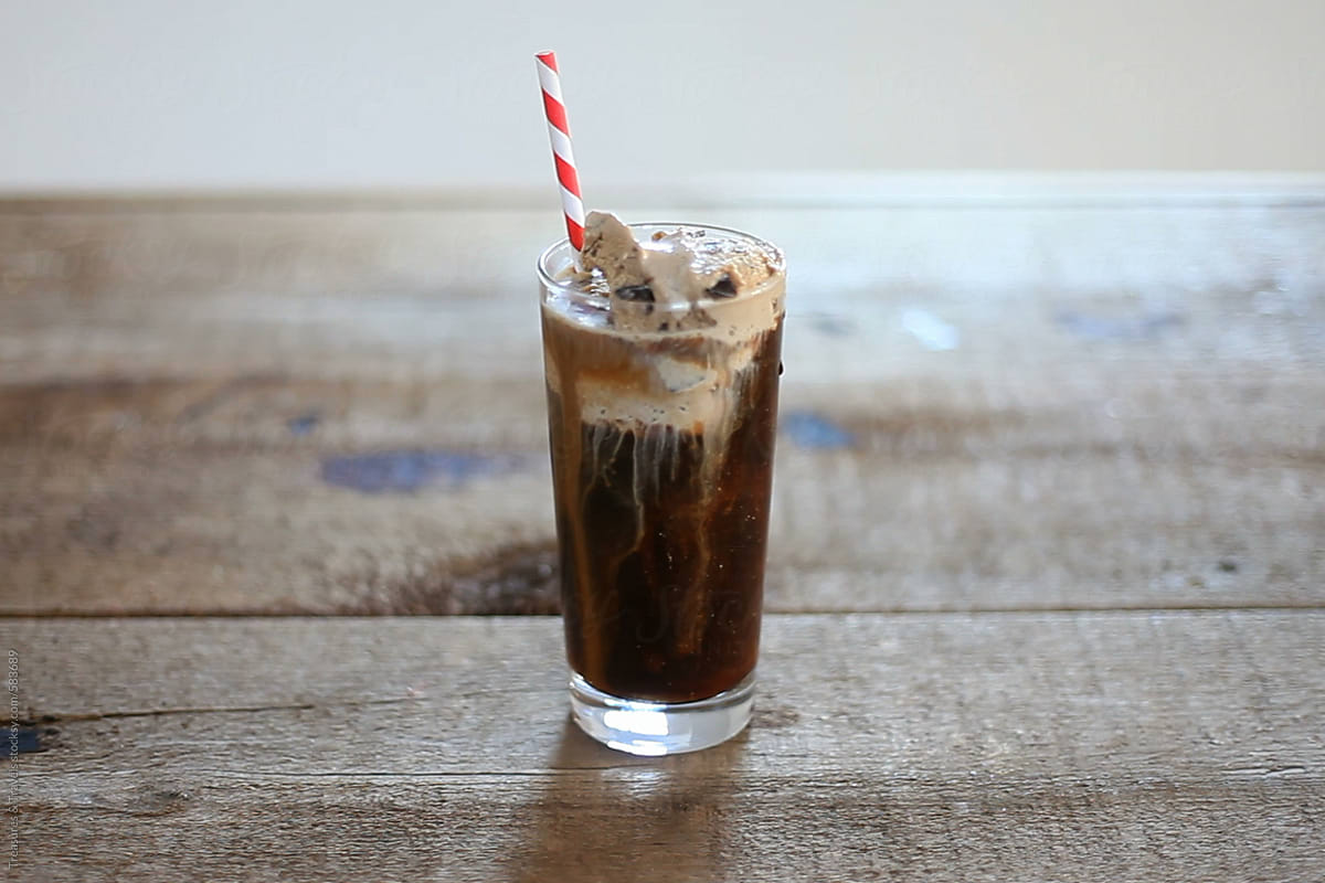 Rootbeer Float on a Wood Table