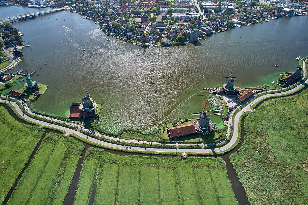 Drone aerial, Dutch windmill windpumps for low-lying polder, Zaandam
