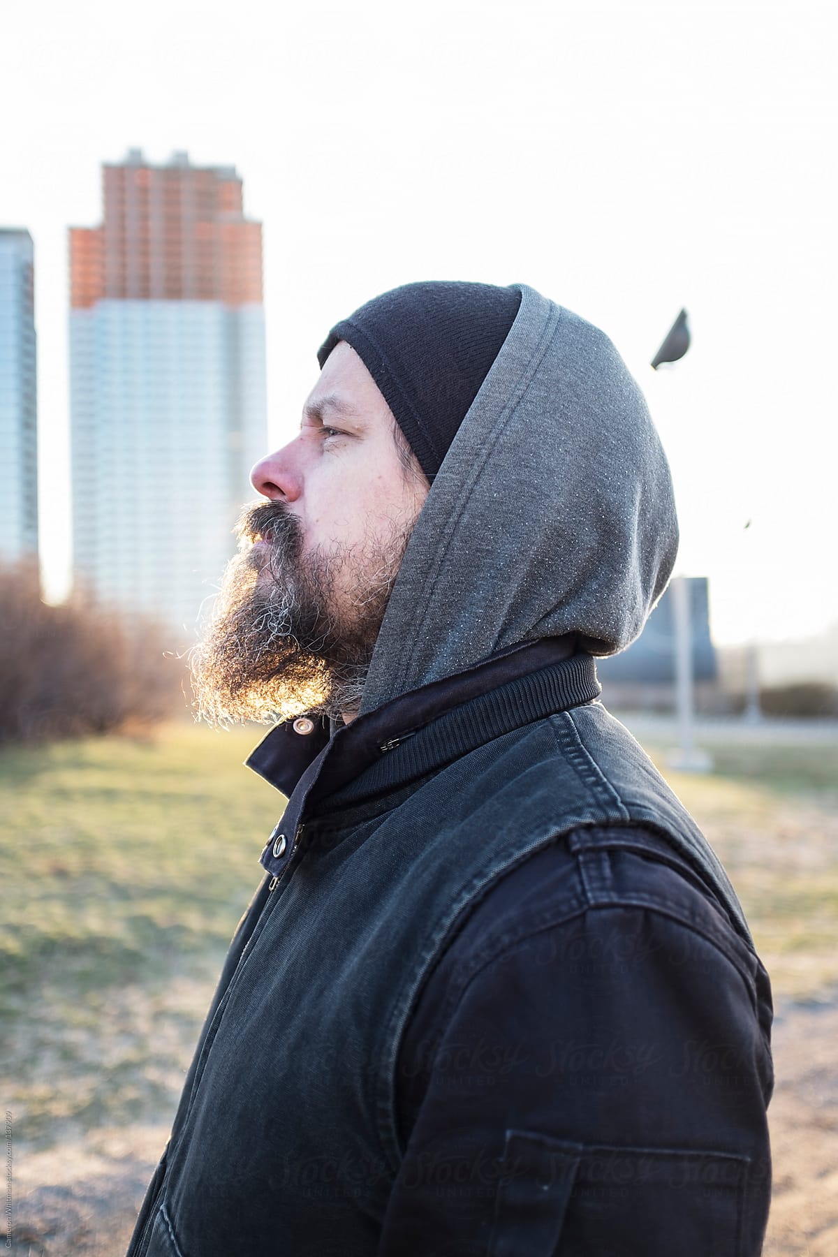 Bearded man cold weather side portrait