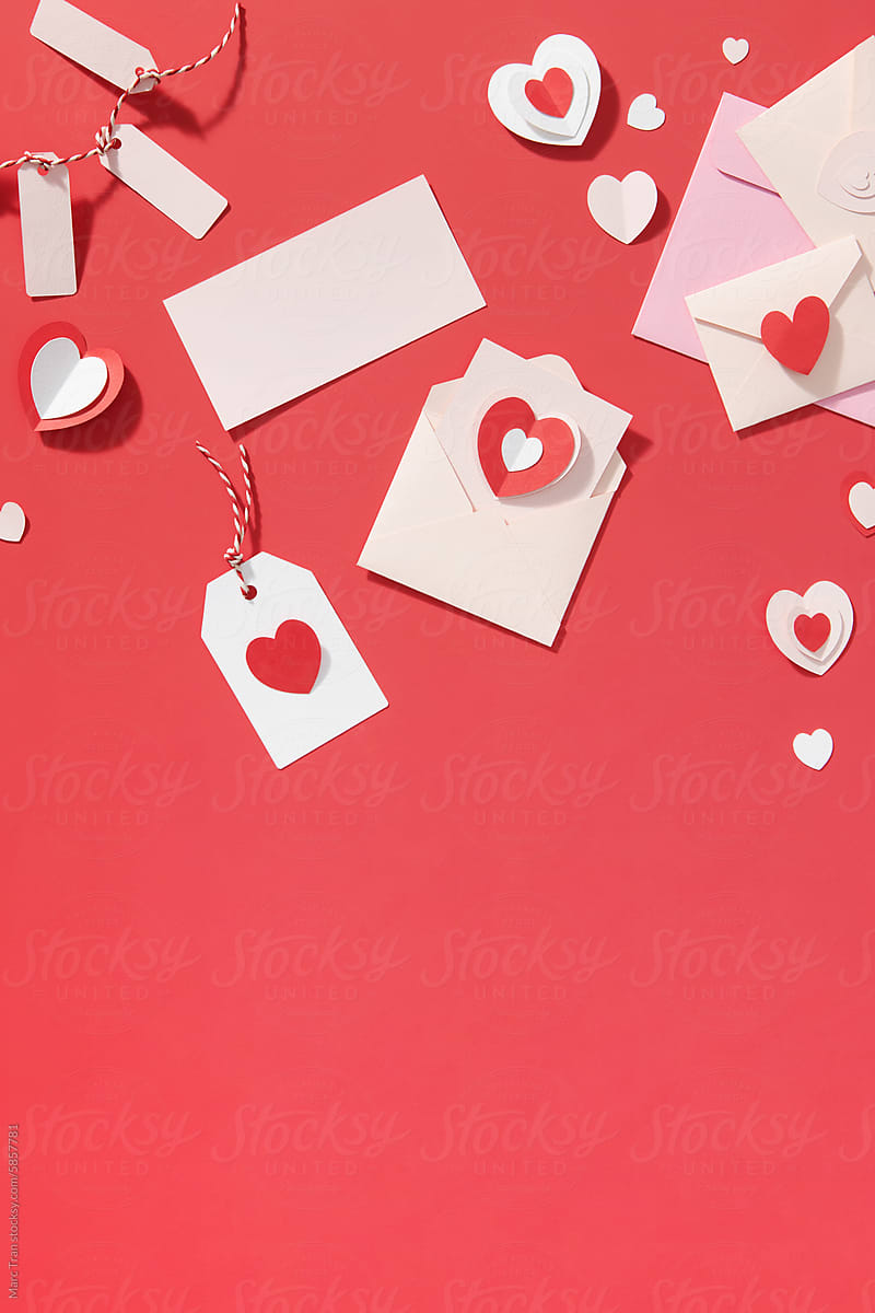 Valentines day cards and decorations, top view.