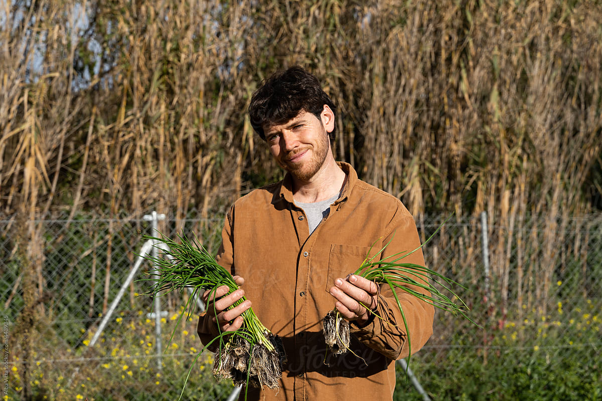portrait of Young smiley man planting vegetable plants on garden