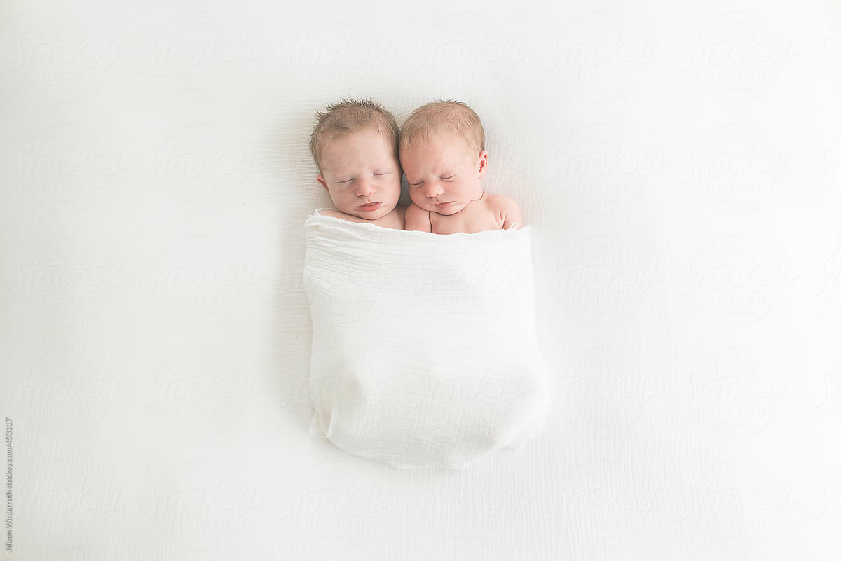 Twin Newborn Babies Nestled Together On A White Bed