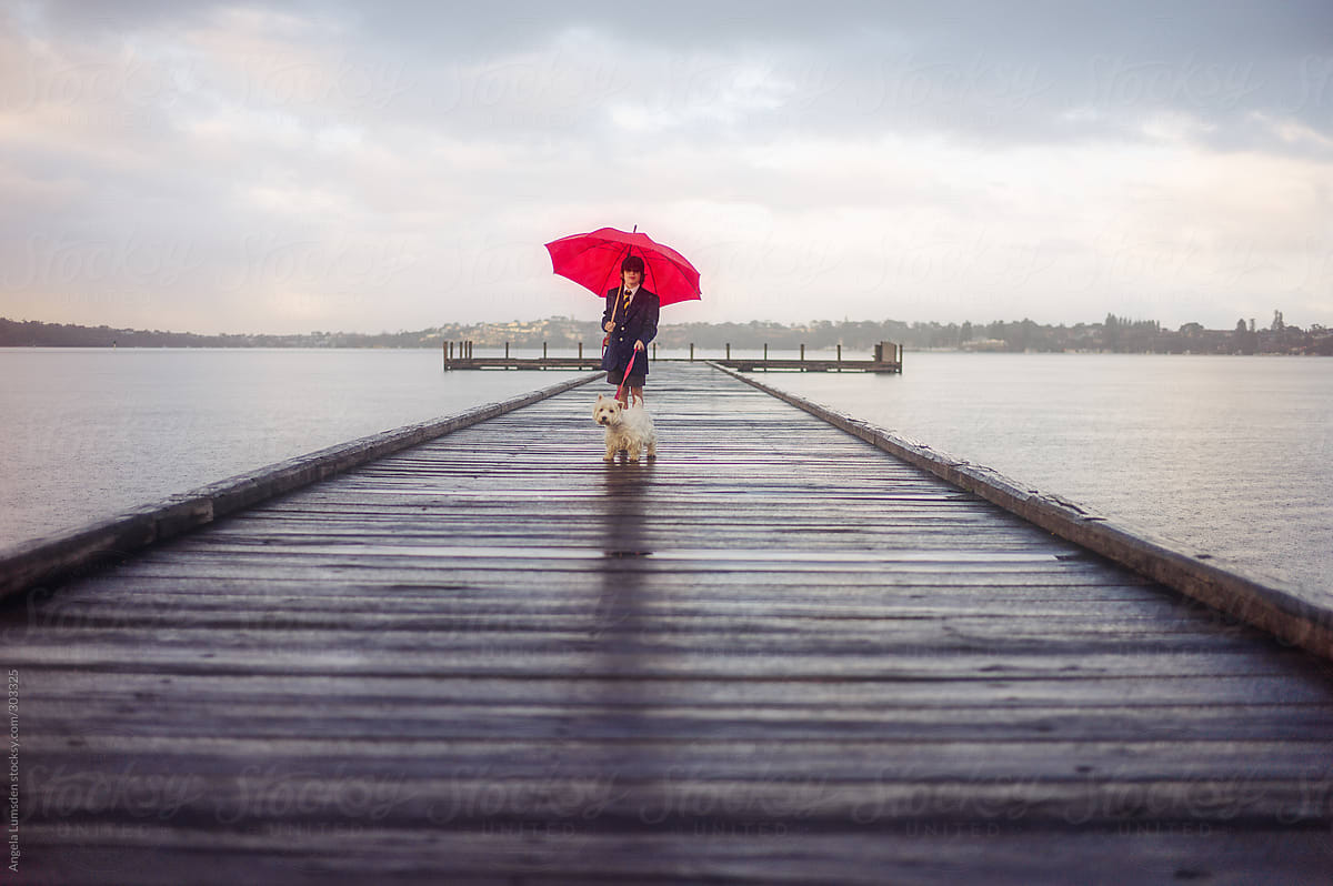 Boy with a dog and red umbrella on a wooden dock in the rain in winter
