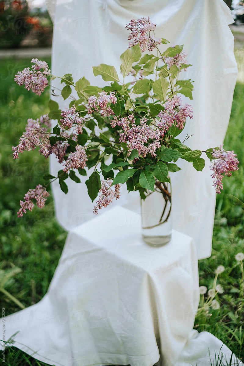 Branches of lilac in a glass jar in the open air