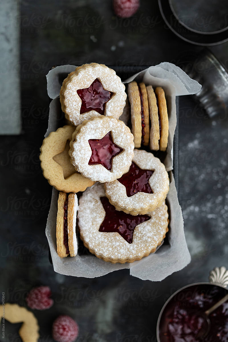 Gift box of Christmas linzer cookies