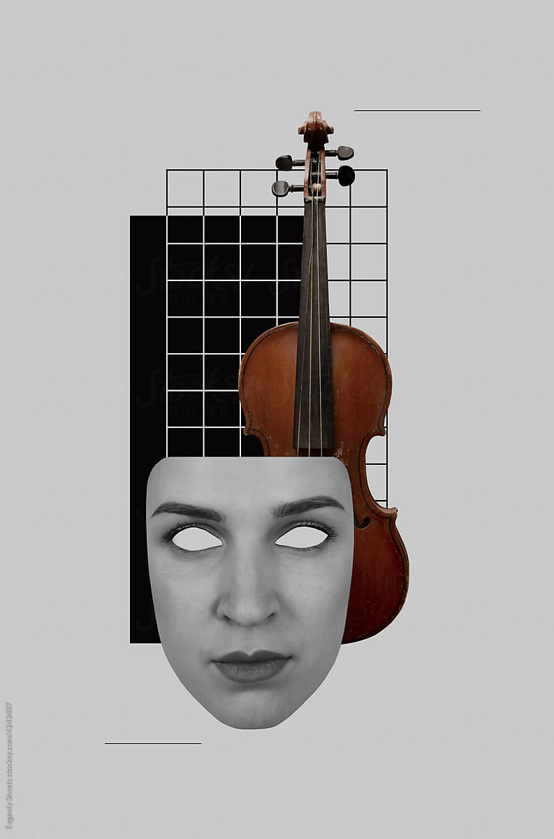 Face of a woman and old violin