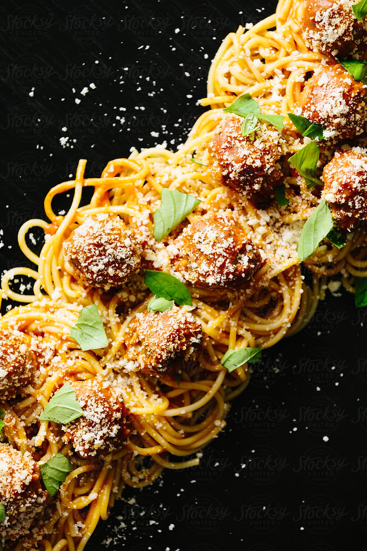 Diagonal line of spaghetti and meatballs