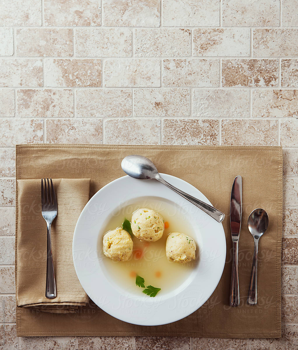Passover: Overhead View Of Matzoh Ball Soup with Copyspace