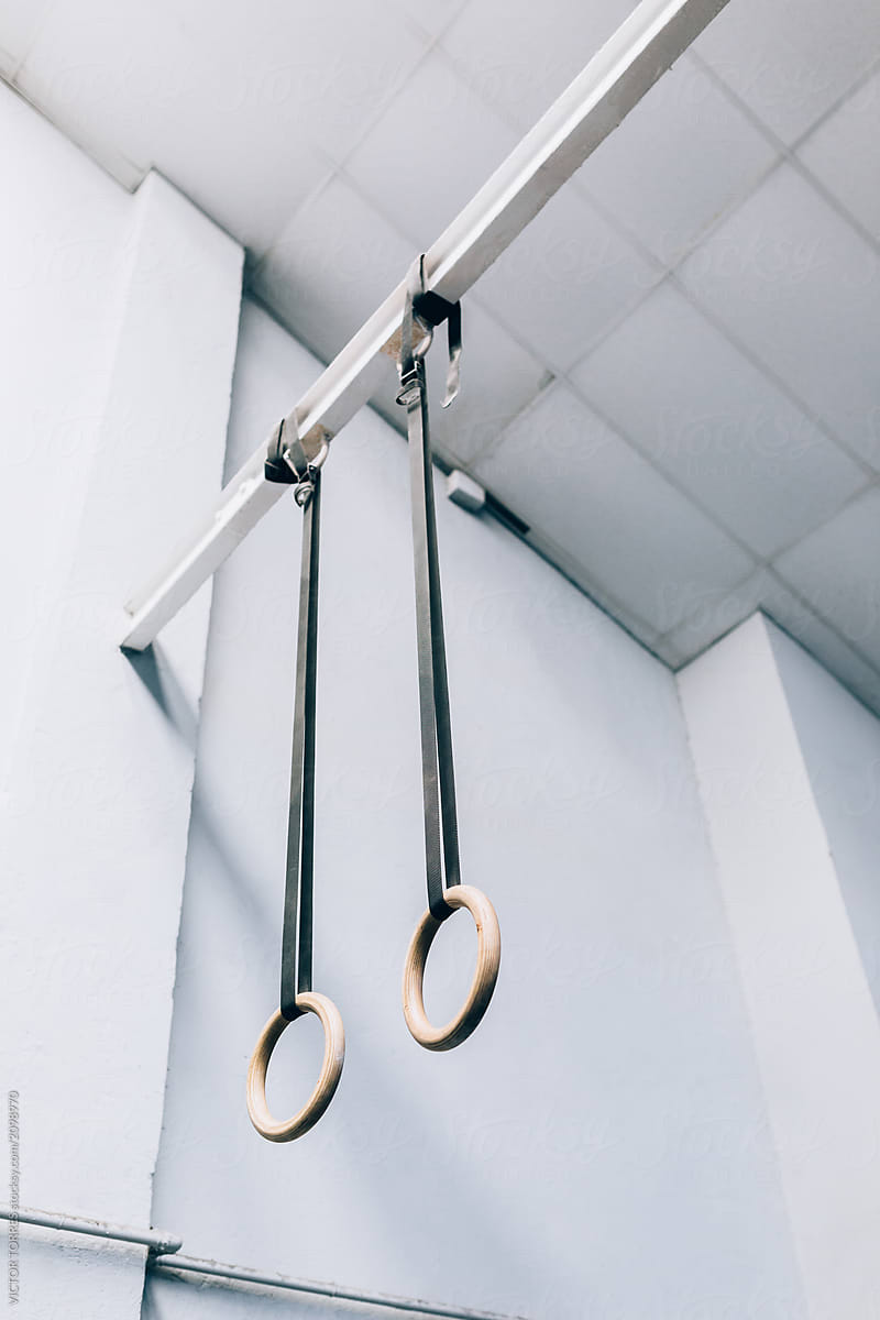 A pair of gymnastic rings hanging in a gym with an out of focused or  blurred background Stock Photo | Adobe Stock