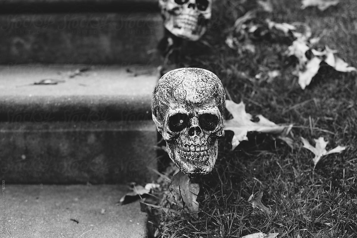 Skulls line the steps of a home\'s front walk