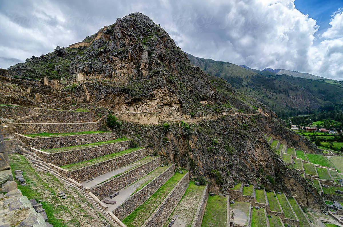 Stunning aerial view to ancient Inca ruins and mountains
