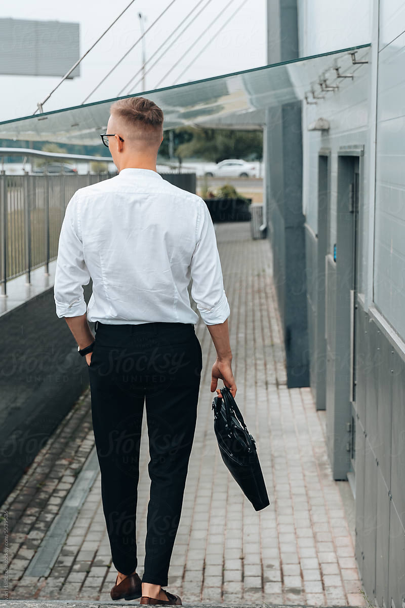 Full body length well dressed young successful Businessman from behind