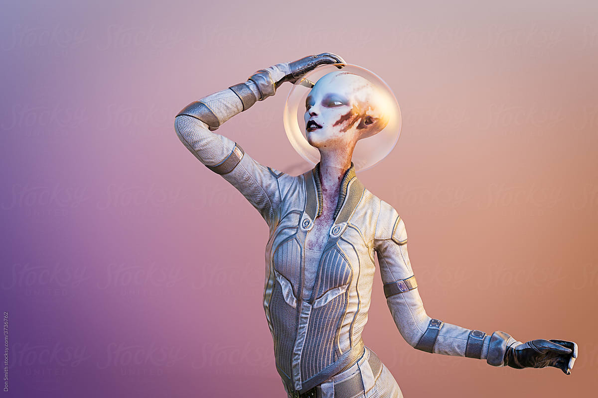 Alien woman with spacesuit and glass helmet