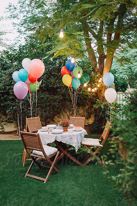 Balloons Hanging String Party Backyard Garden Stock Photo 1048025104