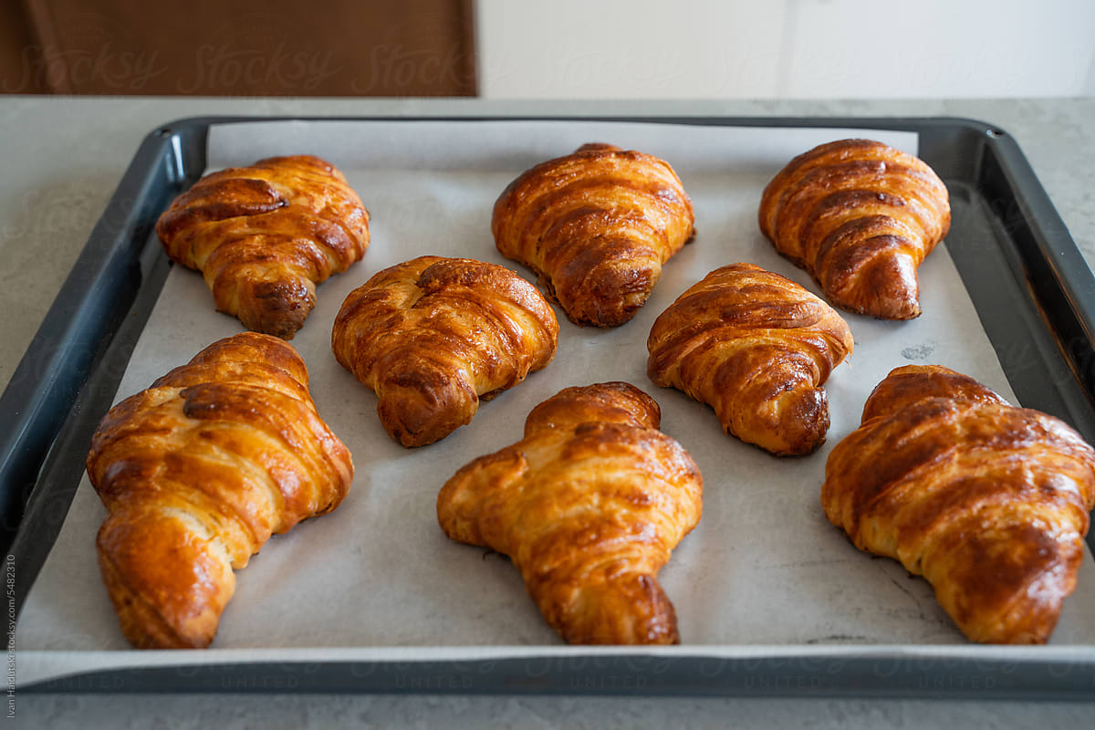 Before and after -homemade croissant baking at home. Top view