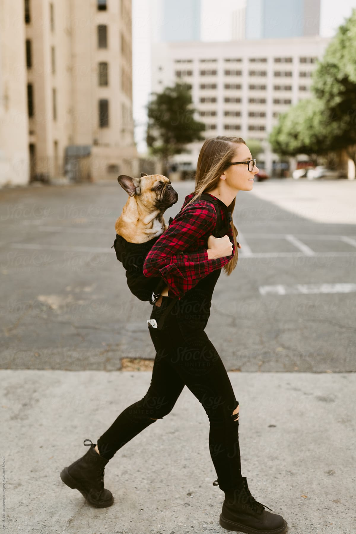 Woman Carrying French Bulldog Puppy Dog in Backpack Sack