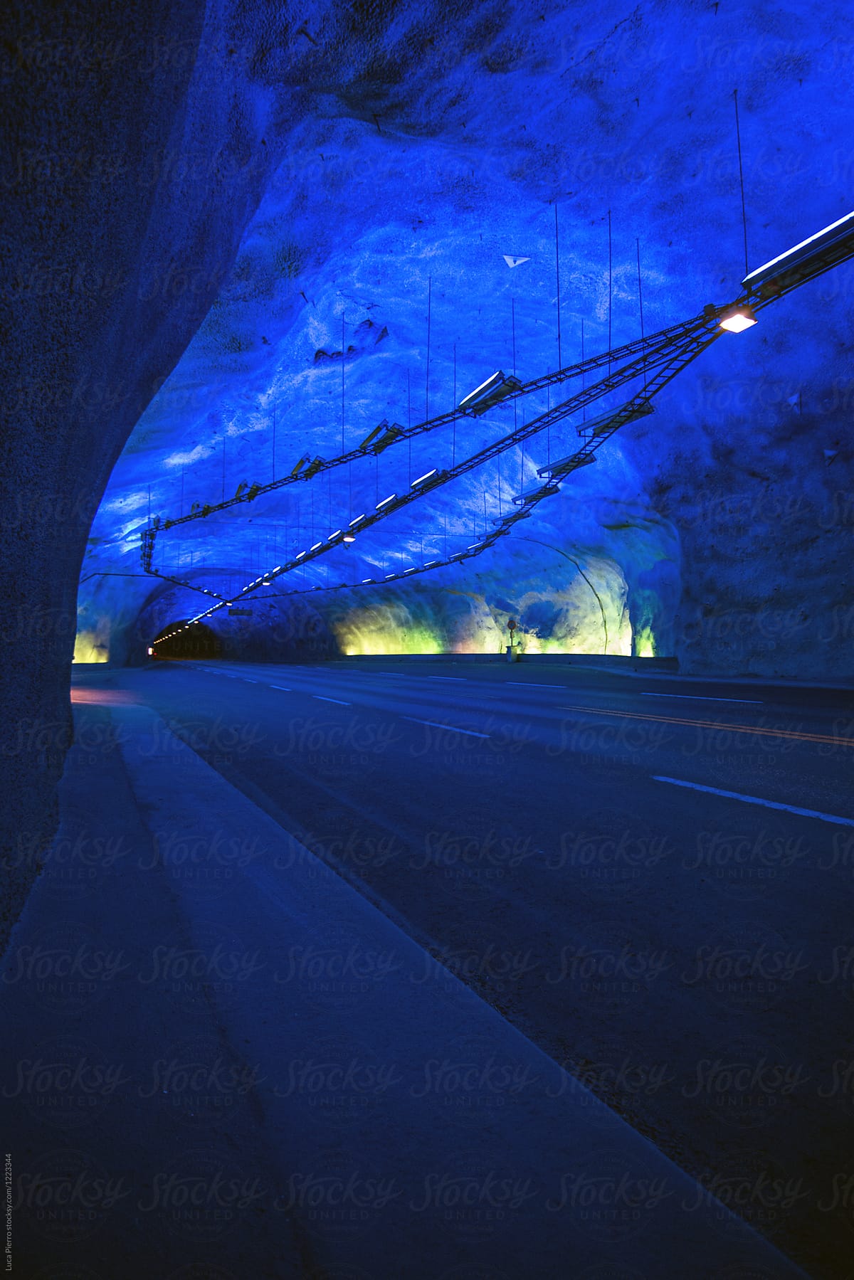 Futuristic tunnel with blue neon lights, Lærdalstunnelen, Norway