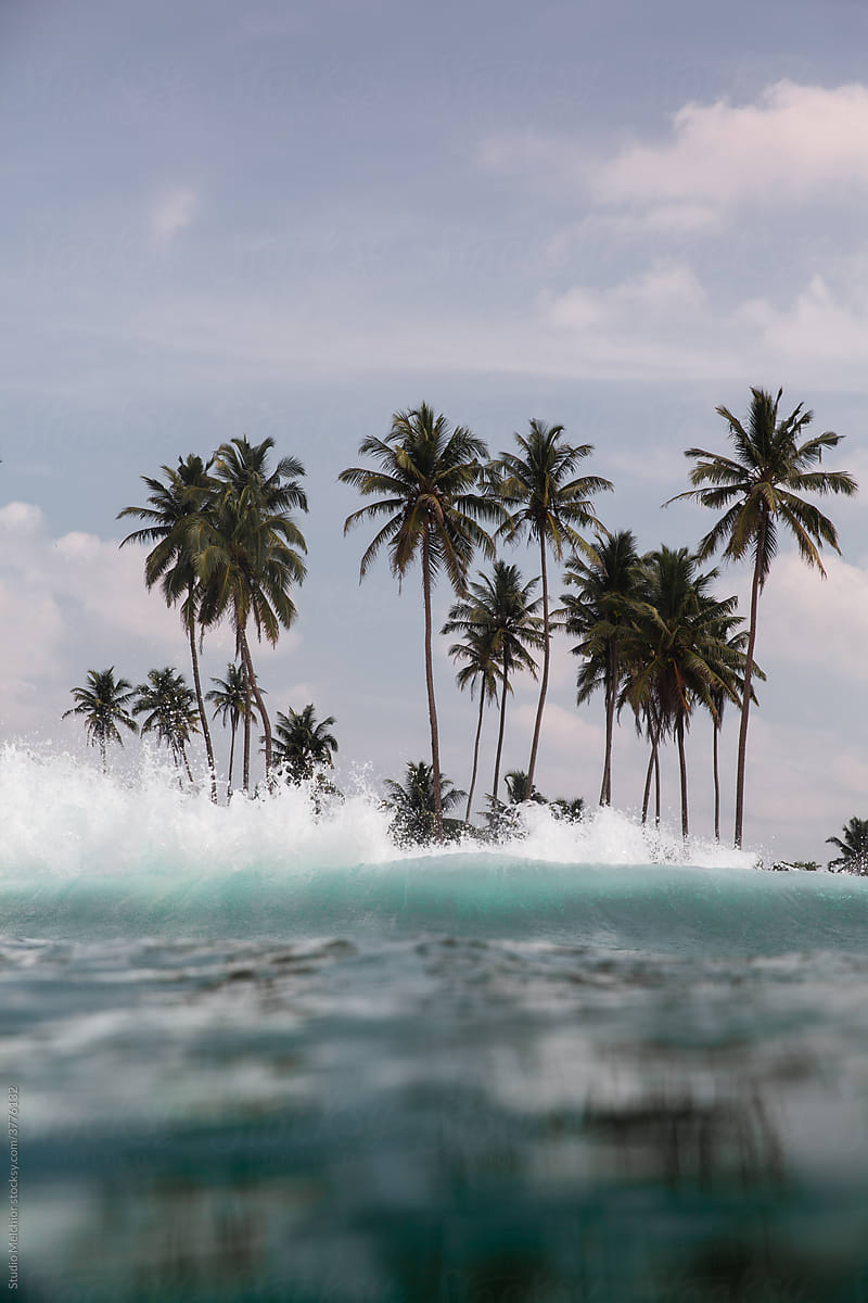 A wave breaks on an island