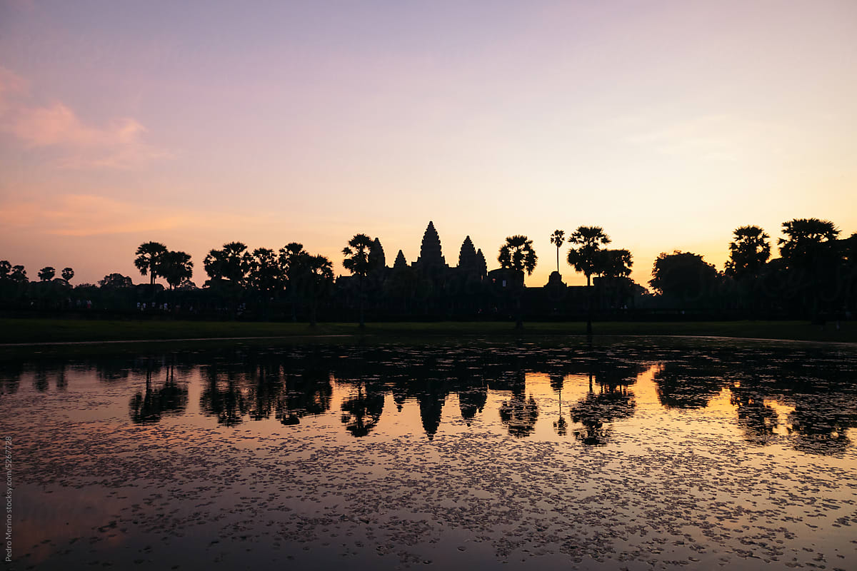 View of the amazing Angkor Wat temple at sunset