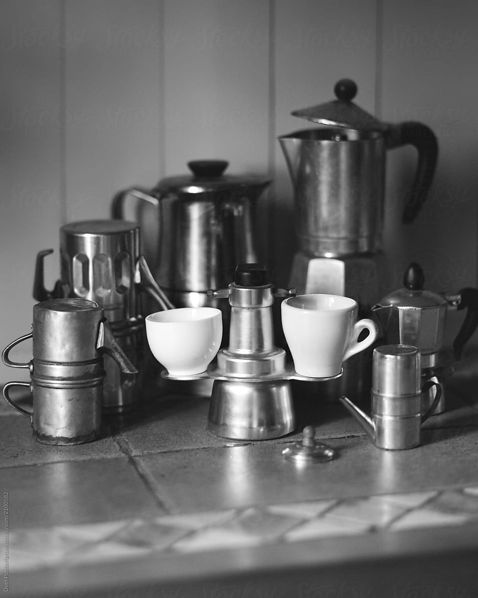 Сollection of various Italian coffee makers geyser type