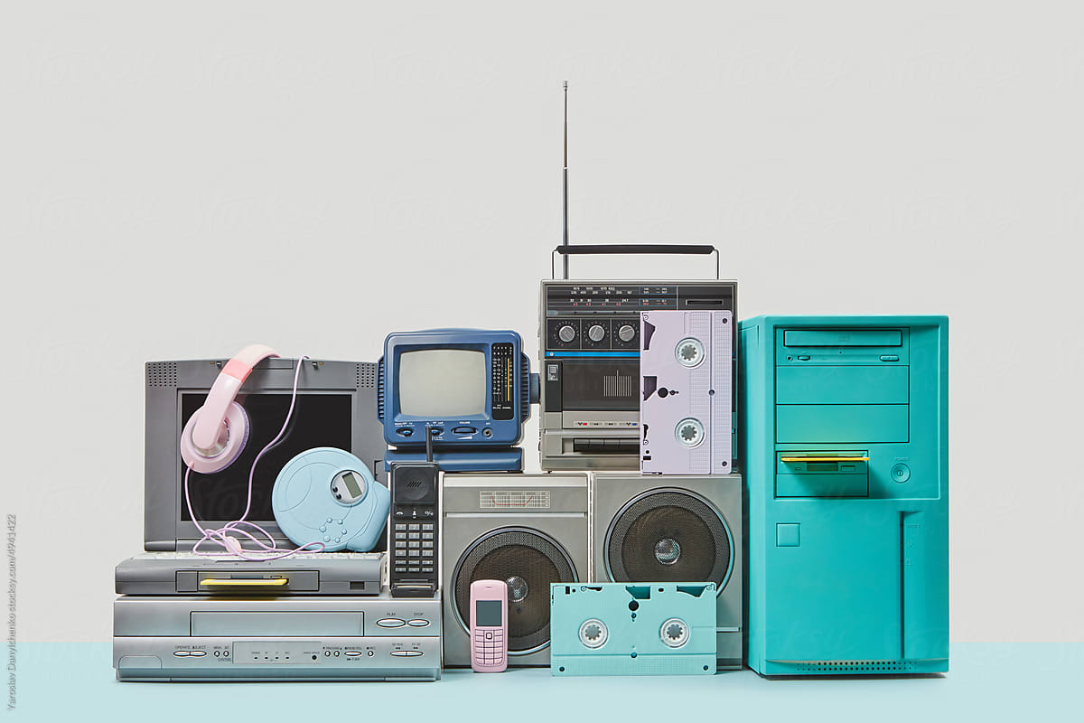 Selection of retro devices of 90s.