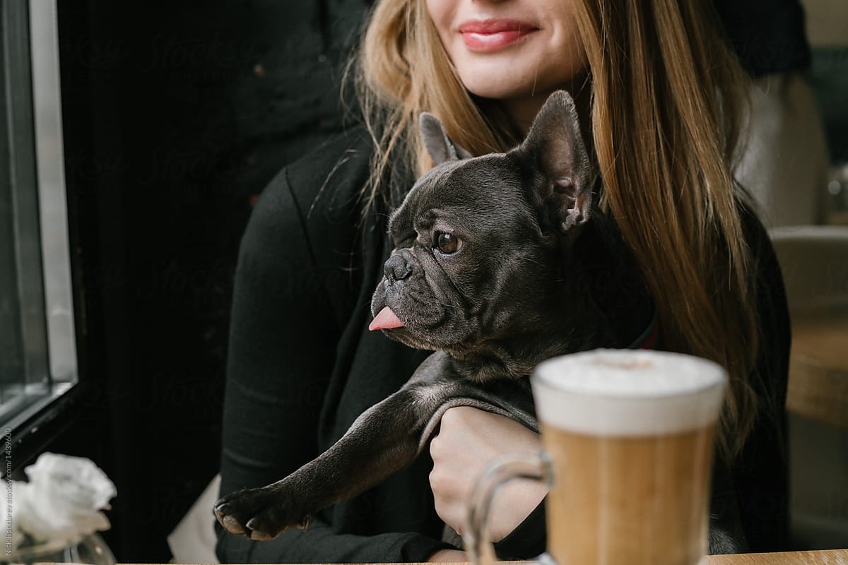 Portrait shots on young woman seating in a caffe with funny black dog French Bulldog, drinking coffee latte, eating muffin,