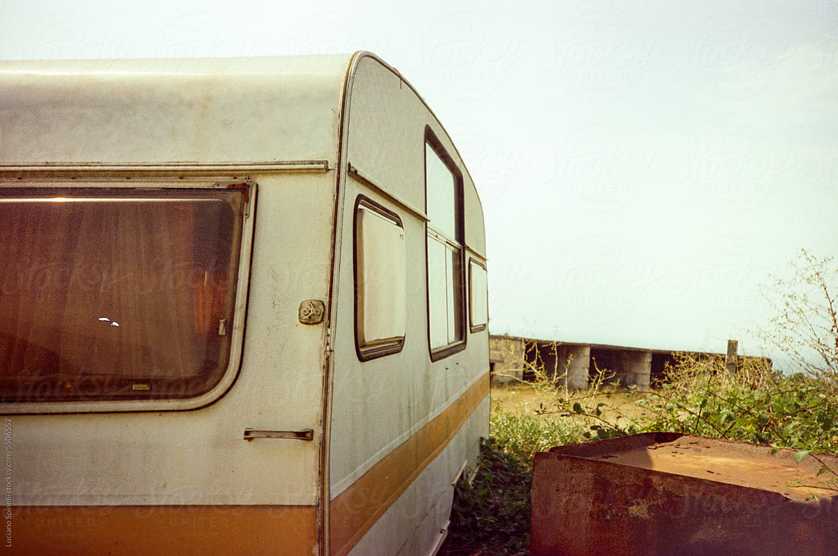 Vintage camper during summer trip adventure - image with copy space