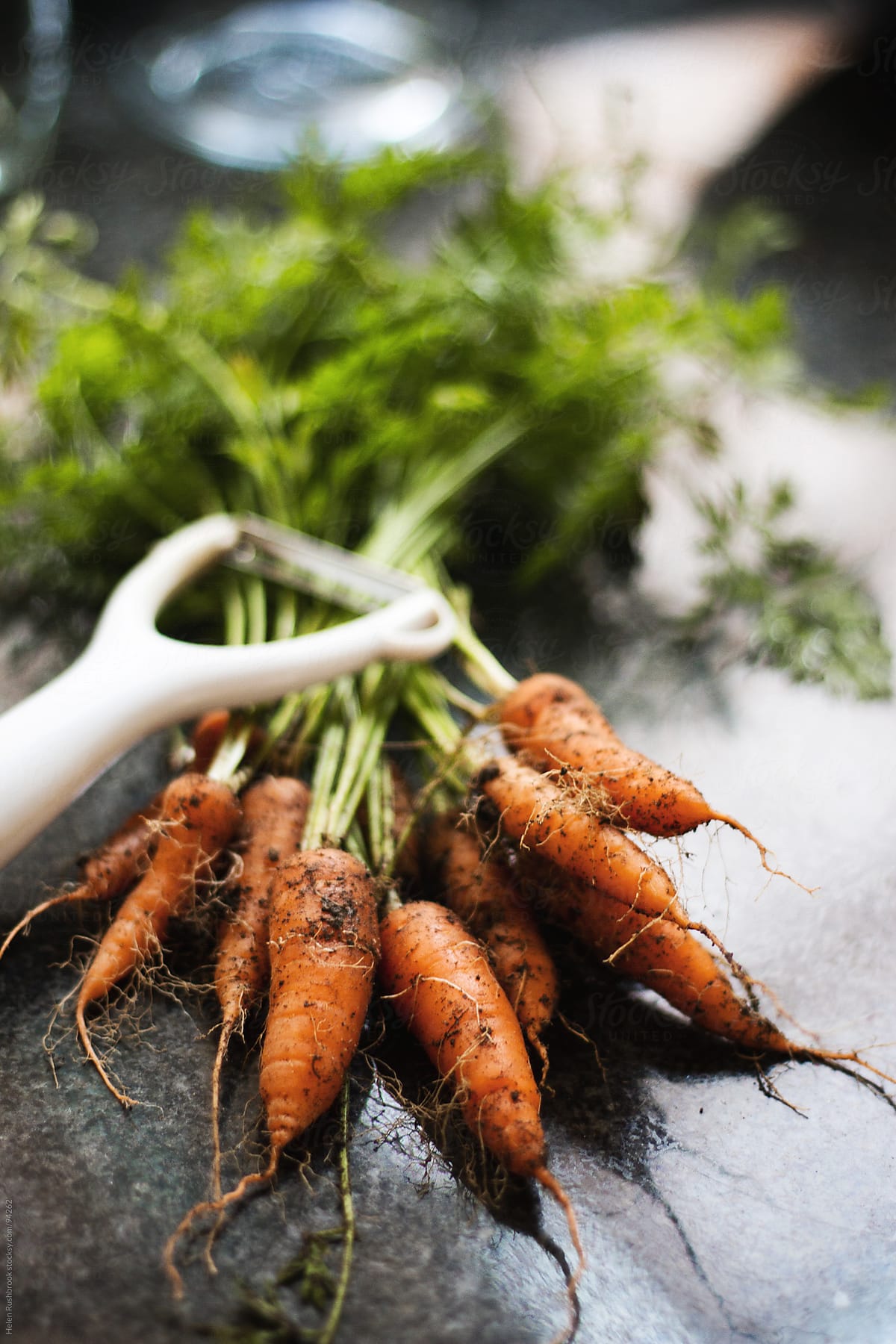 Freshly dug carrots with a vegetable peeler