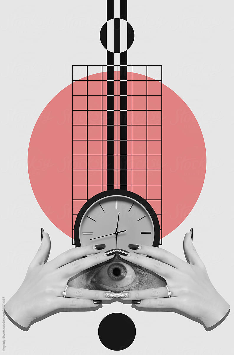 Collage with hands, eye and clock