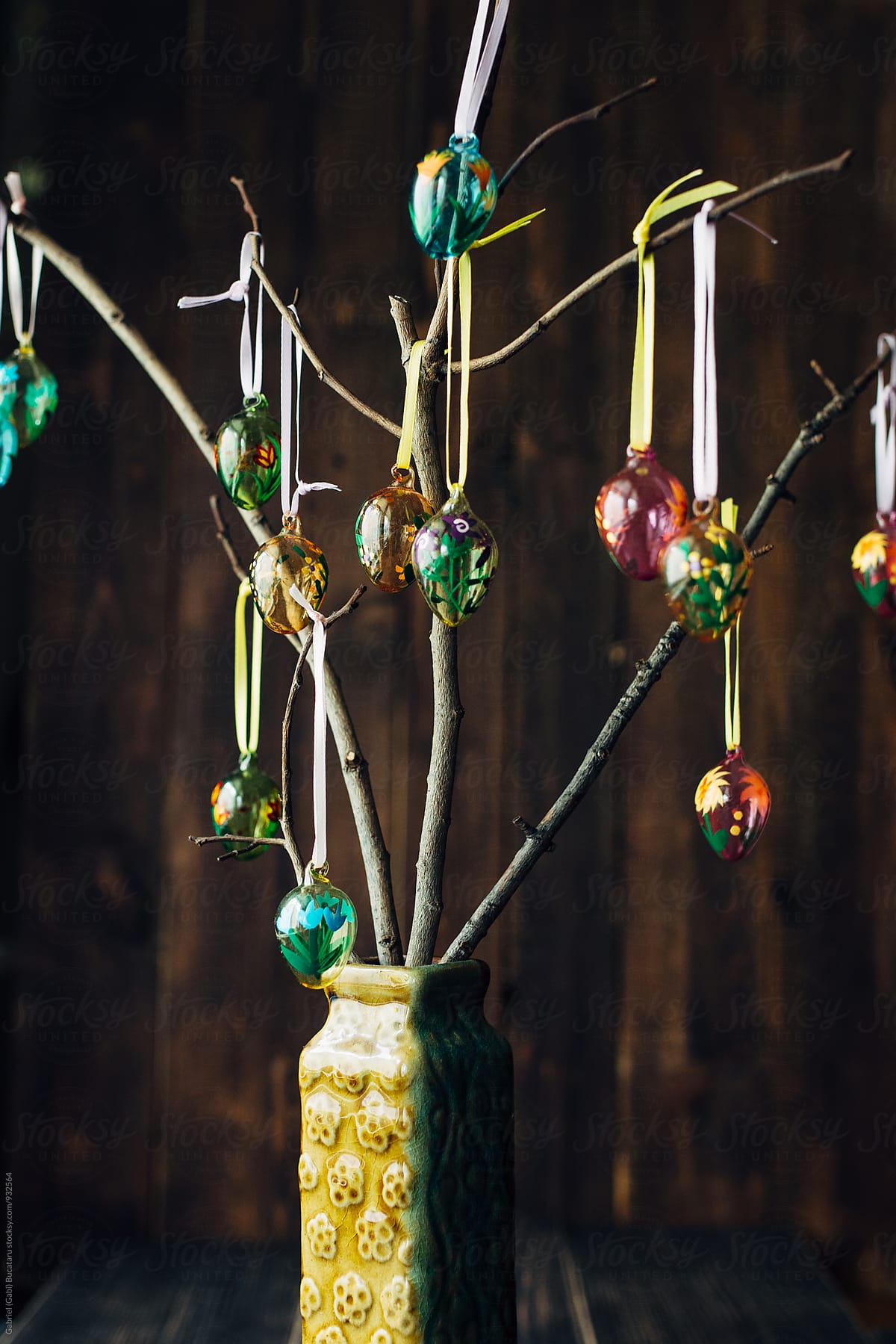 Ornamental Easter eggs on branches