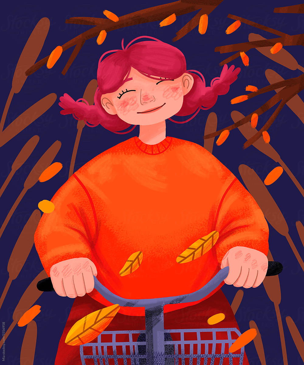 Girl's Bicycle Ride Through Autumn Trees