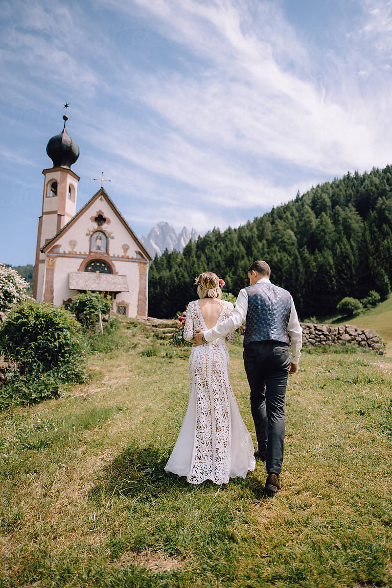 Wedding couple church ceremony in mountain