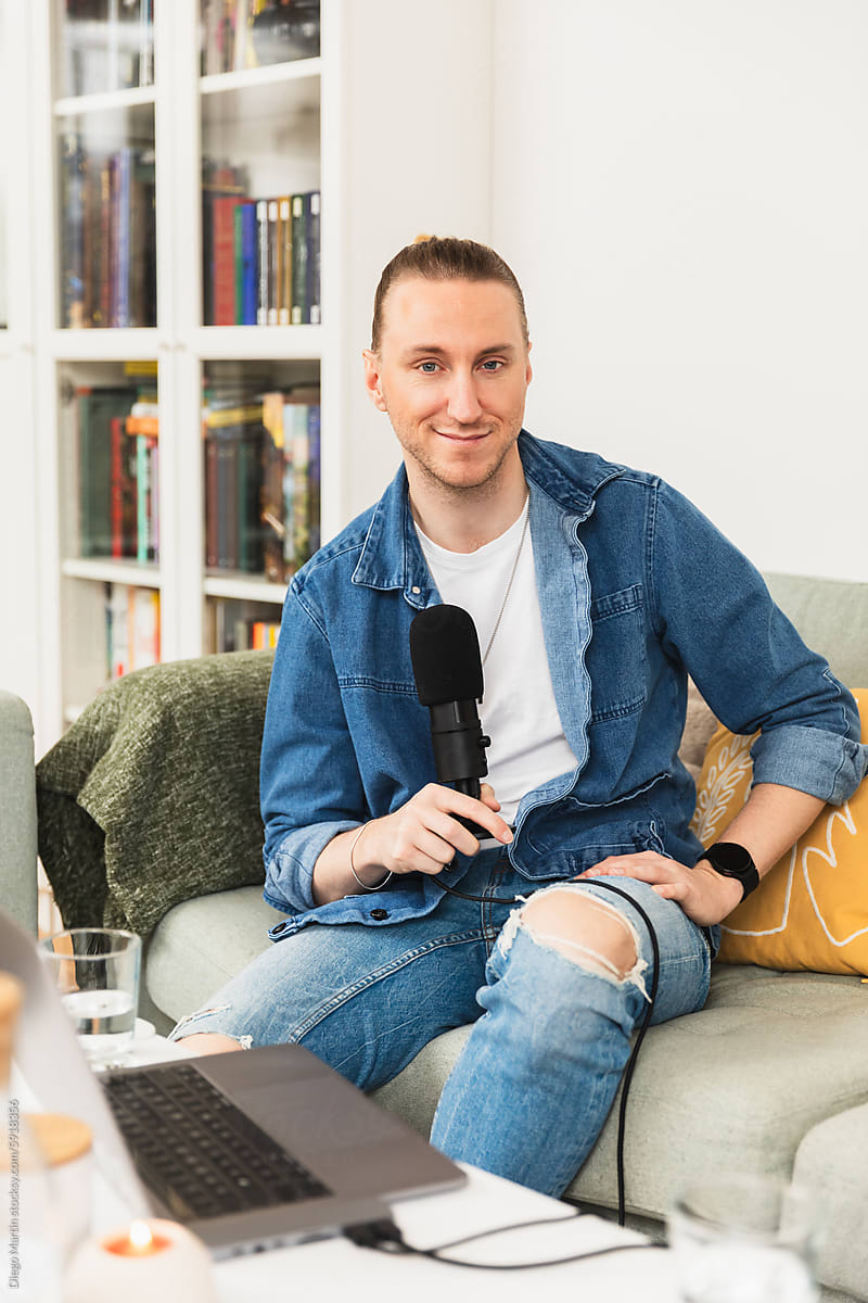 Portrait of podcaster looking to camera