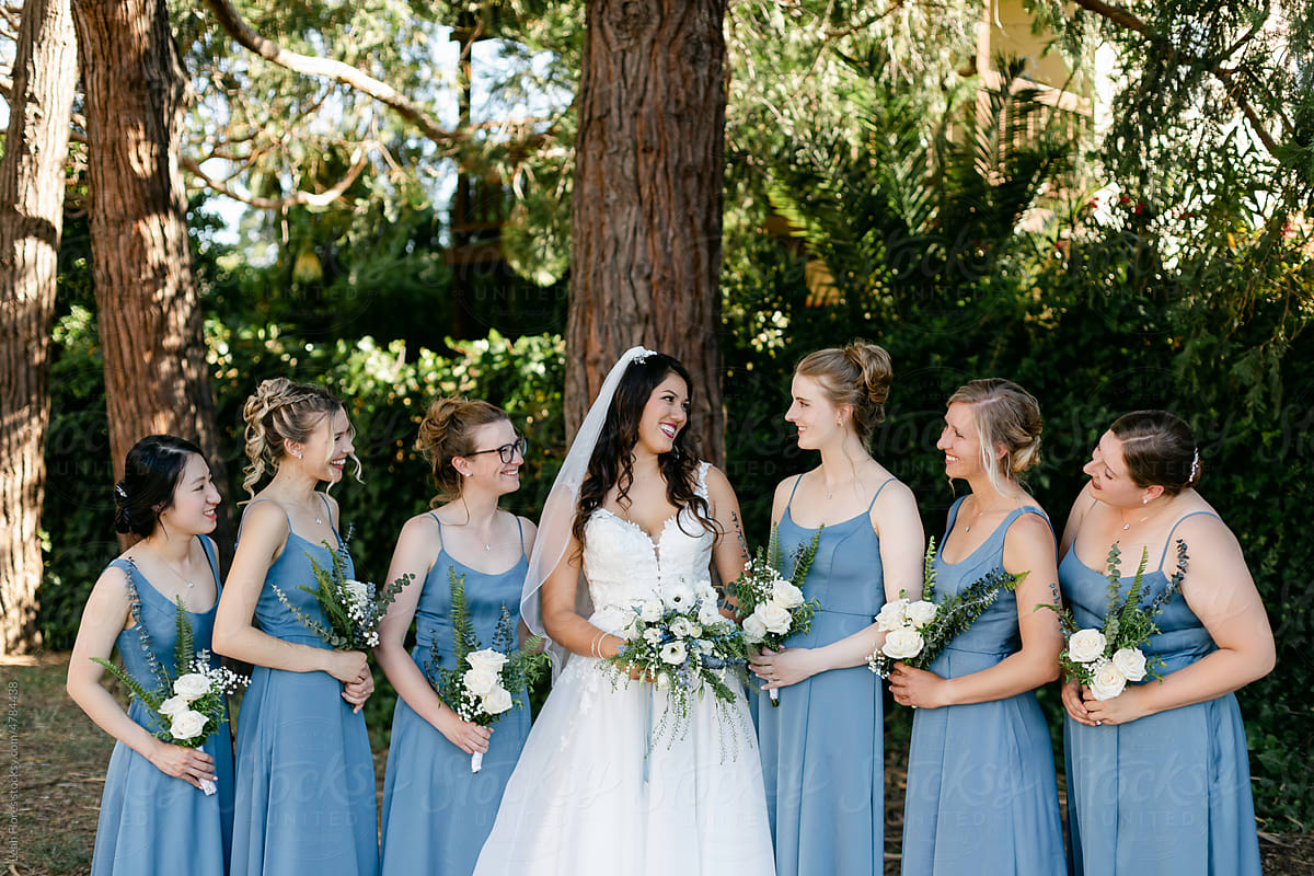 Happy Bride and Bridesmaids Pose for Portrait at Wedding
