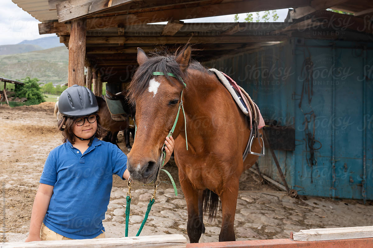 Teen boy with an brown horse at stable