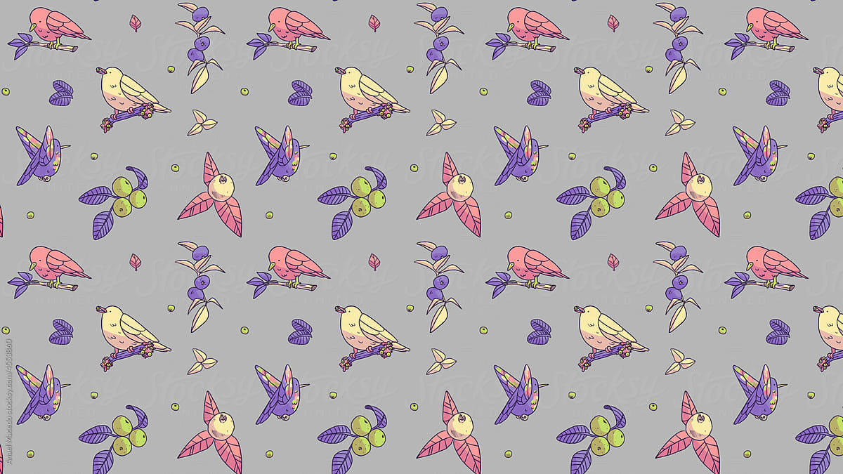 Designed pattern of birds and fruits.