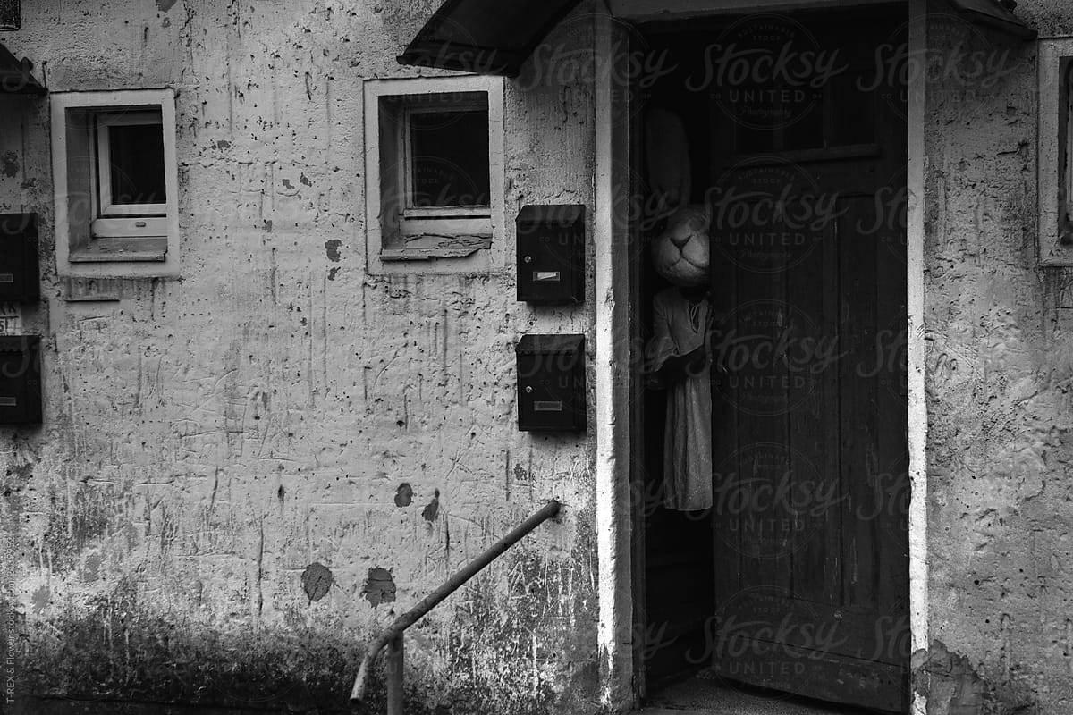Woman in rabbit mask standing in doorway