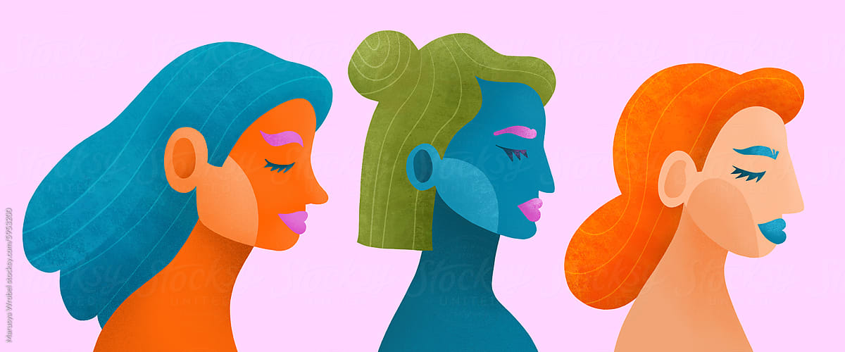 Colorful Trio of Stylized Female Profiles