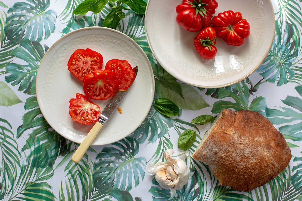 Tomatoes, bread, garlic and basil