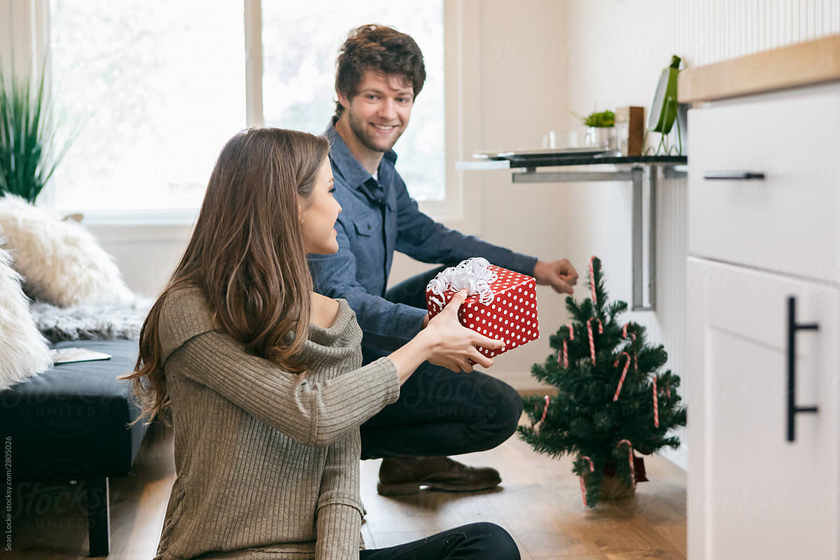 Home: Focus On Wrapped Gift Handed To Boyfriend For Tree