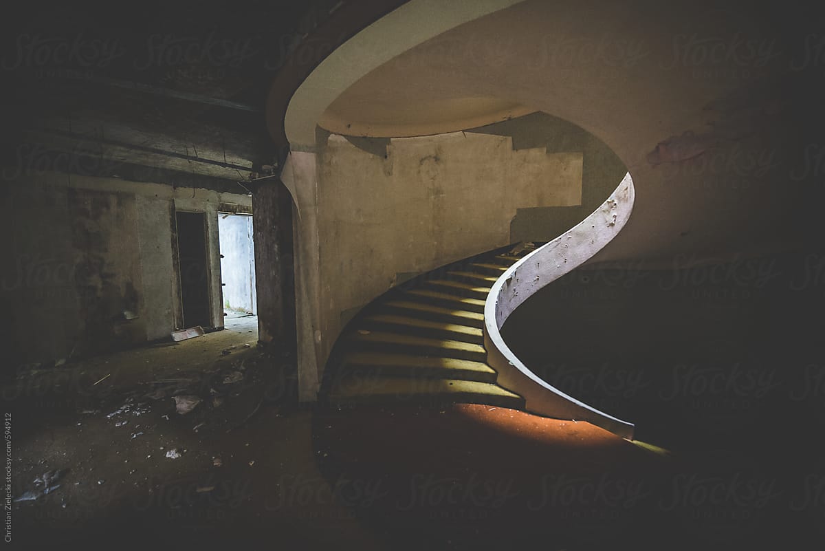 Stairway in abandoned stone building